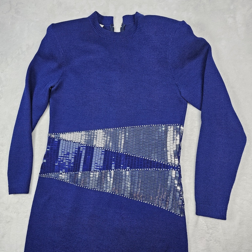 St. John Evening Sheath Dress Womens 8 Knit Mock Neck Sequin Long Sleeve USA - Picture 2 of 16